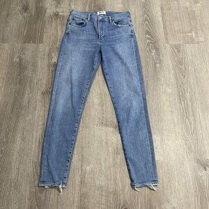 AGOLDE Sophie Crop Mid Rise Jean With Chewed Hem Womens 27 Blue Stretch Denim